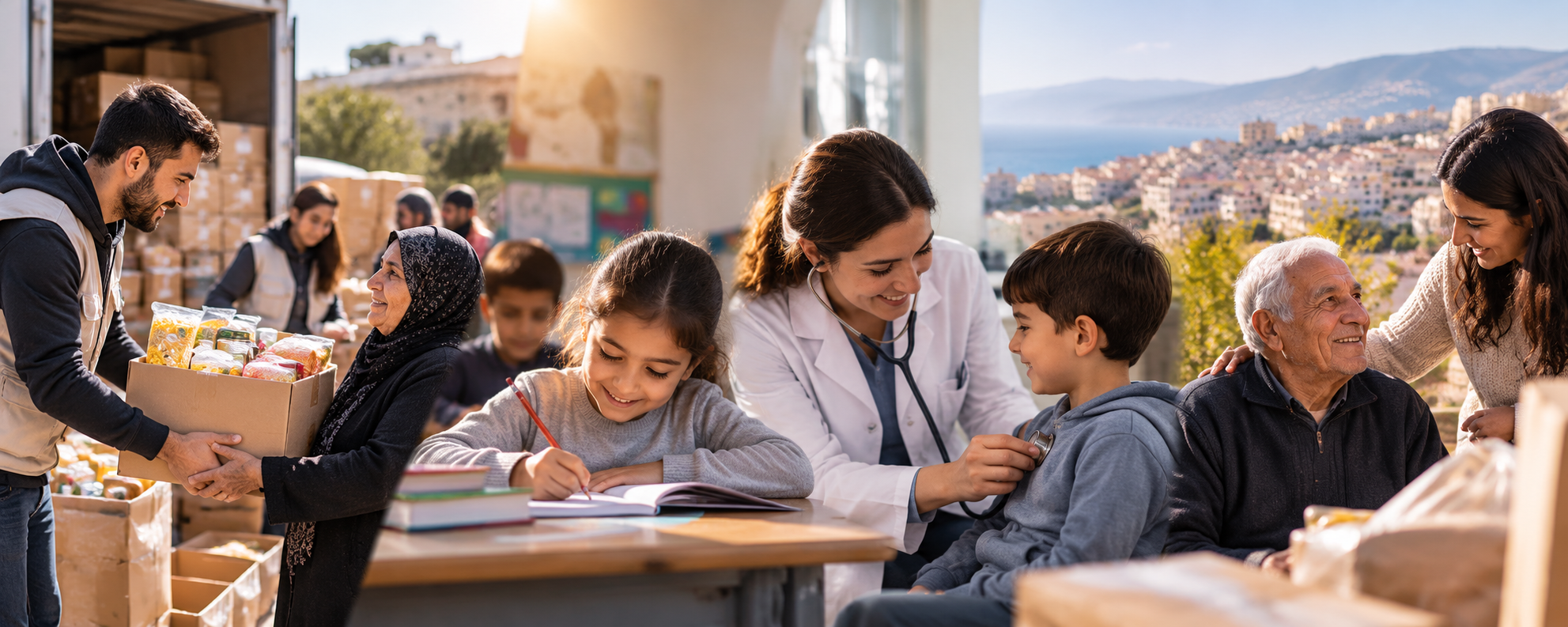 Des bénévoles distribuent une aide alimentaire aux familles vulnérables, une jeune fille étudie, un professionnel de santé examine un enfant et des membres de la communauté apportent soutien et réconfort à une personne âgée au Liban.