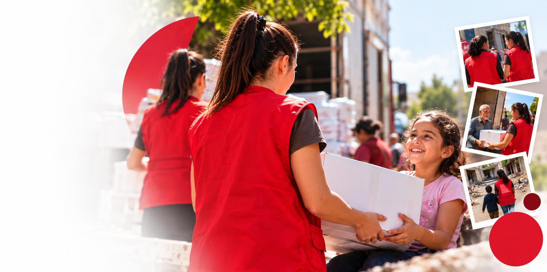 Red In Circle volunteer hands a box of essential supplies to a smiling child during a humanitarian aid distribution.