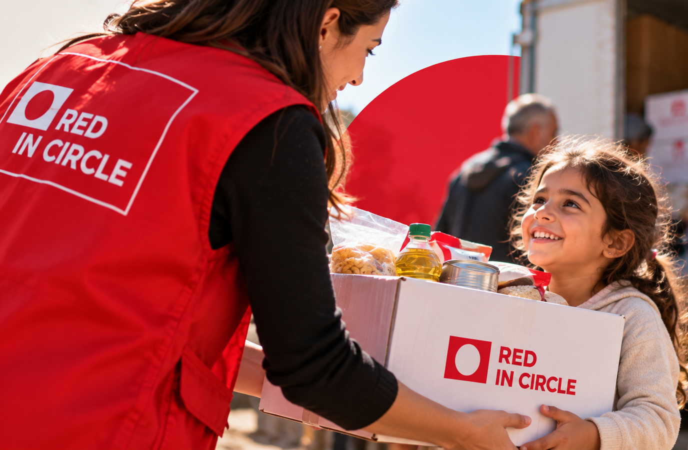 A Red In Circle volunteer hands a box of essential food supplies to a smiling young girl during a charitable donation campaign.