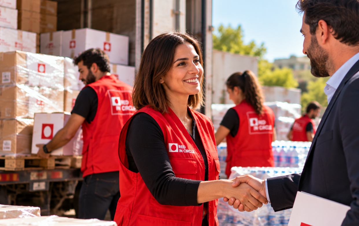 Red In Circle representative shakes hands with a business partner while volunteers organize humanitarian supplies in the background, symbolizing collaboration and shared commitment to supporting vulnerable communities.