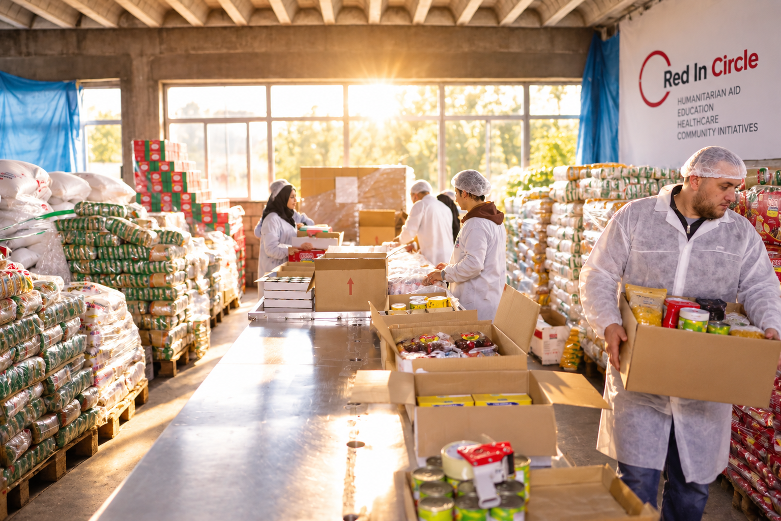 Des bénévoles en blouse préparent des cartons entre des piles de denrées dans un entrepôt.