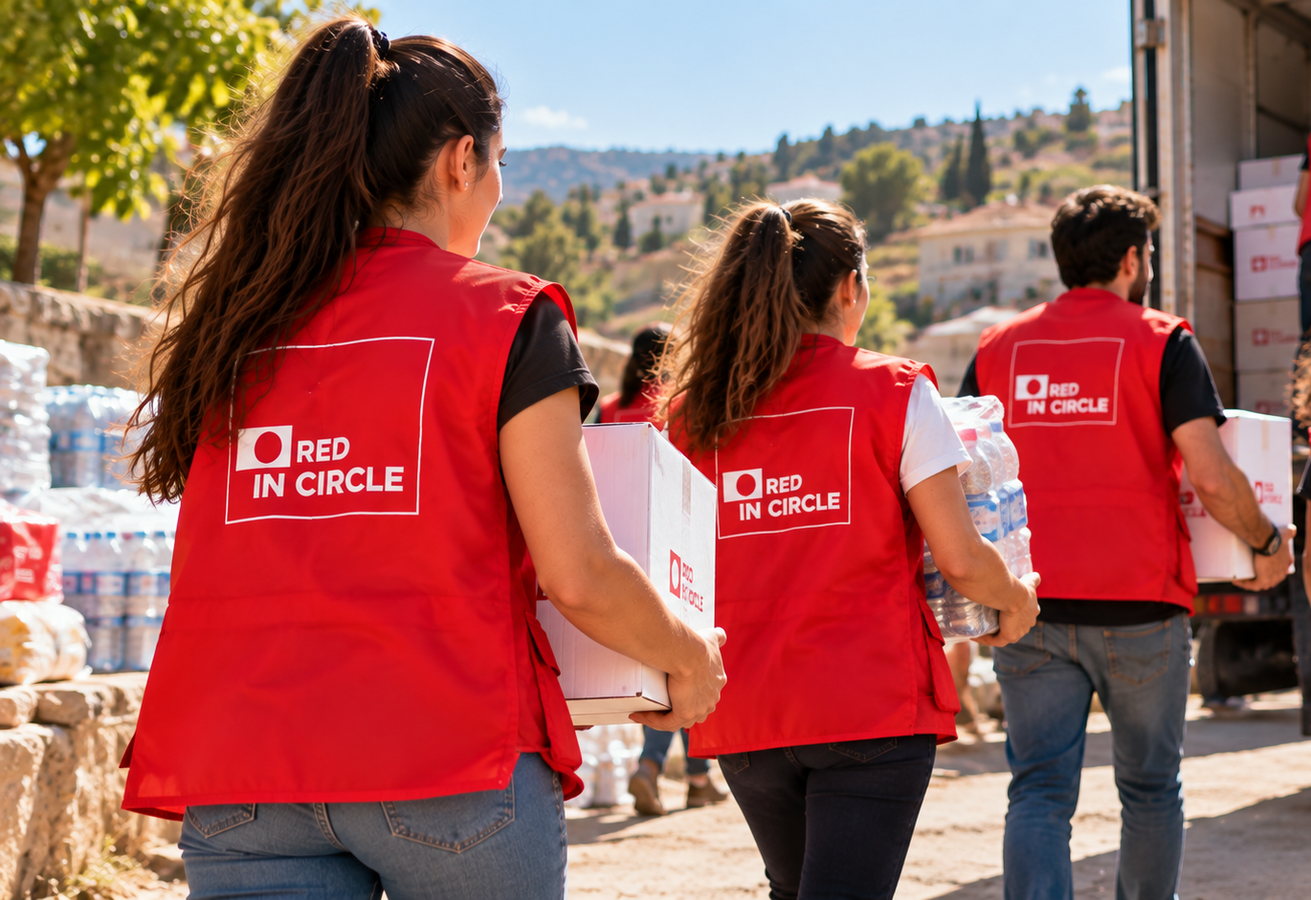 Volunteers loading white aid boxes into a truck.
